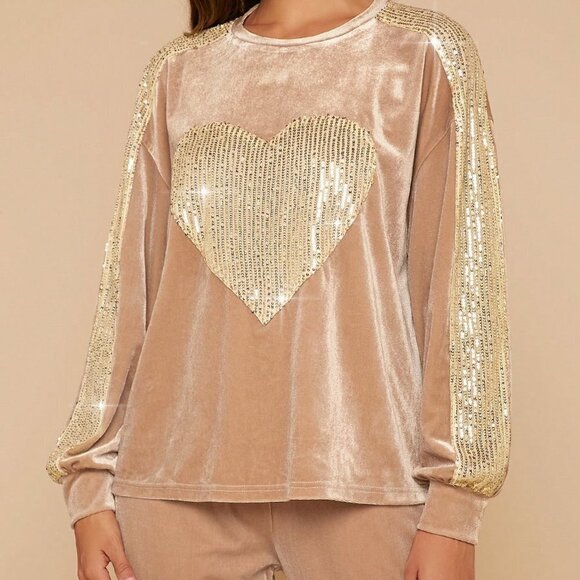 Apricot Casual Womens Heart Sequin Drop Shoulder Velvet Sweatshirt - Picture 5 of 5